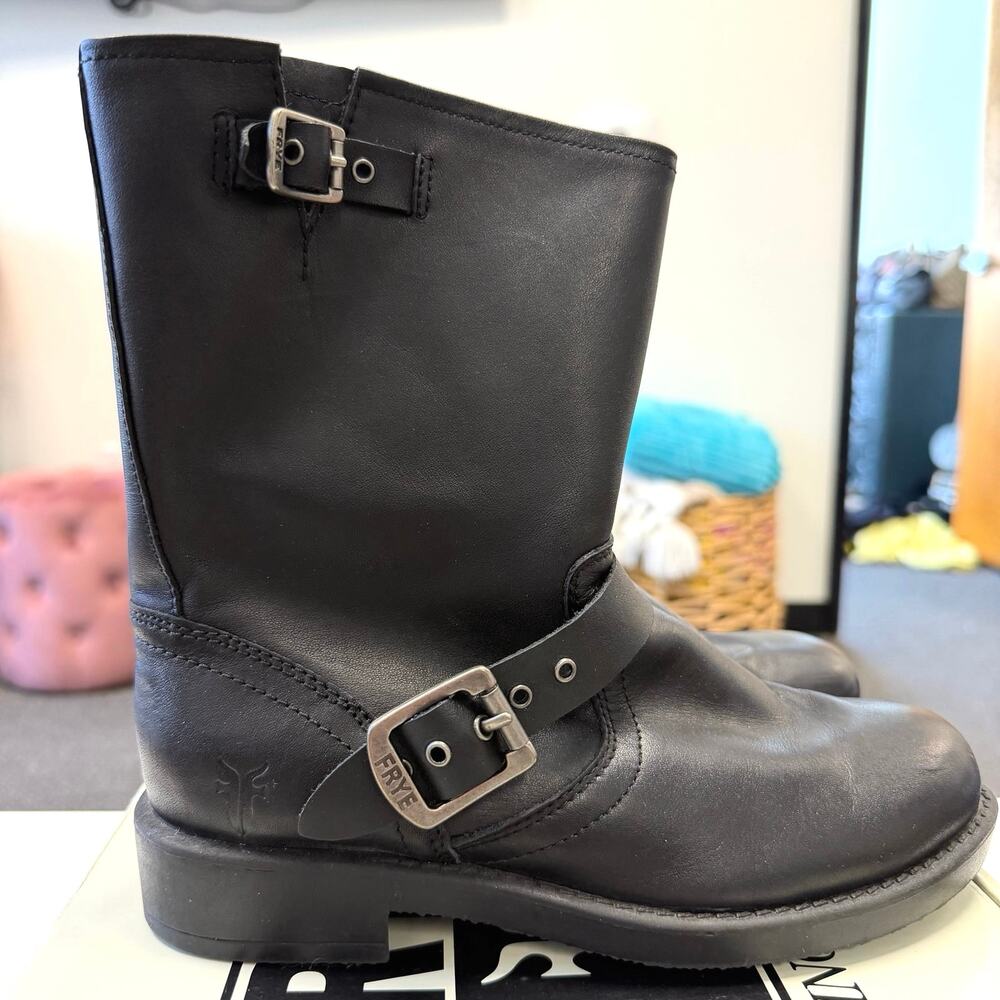 FRYE Kids Engineer 8R Pull On Boots Black Leather Biker Motorcycle 97501 Sz 3.5M